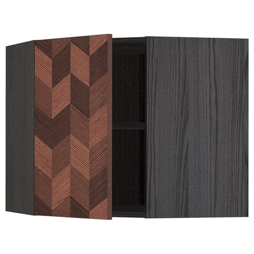 METOD - Corner wall cabinet with shelves, black Hasslarp/brown patterned , 68x60 cm