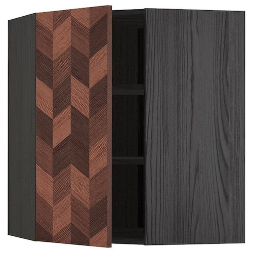 METOD - Corner wall cabinet with shelves, black Hasslarp/brown patterned, 68x80 cm