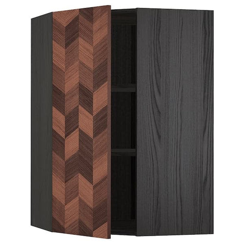 METOD - Corner wall cabinet with shelves, black Hasslarp/brown patterned, 68x100 cm