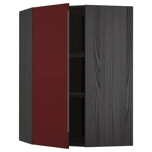 METOD - Corner wall cabinet with shelves, black Kallarp/high-gloss dark red-brown , 68x100 cm