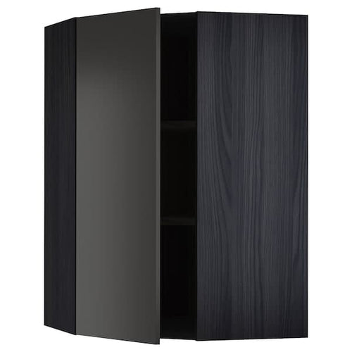 METOD - Corner wall cabinet with shelves, black/Nickebo matt anthracite, 68x100 cm