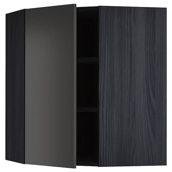 METOD - Corner wall cabinet with shelves, black/Nickebo matt anthracite, 68x80 cm