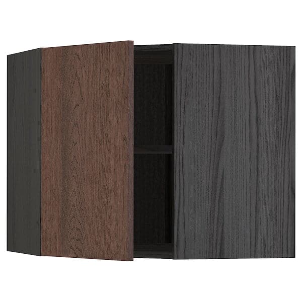 METOD - Corner wall cabinet with shelves, black/Sinarp brown , 68x60 cm - best price from Maltashopper.com 79405823