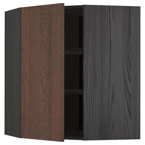 METOD - Corner wall cabinet with shelves, black/Sinarp brown , 68x80 cm