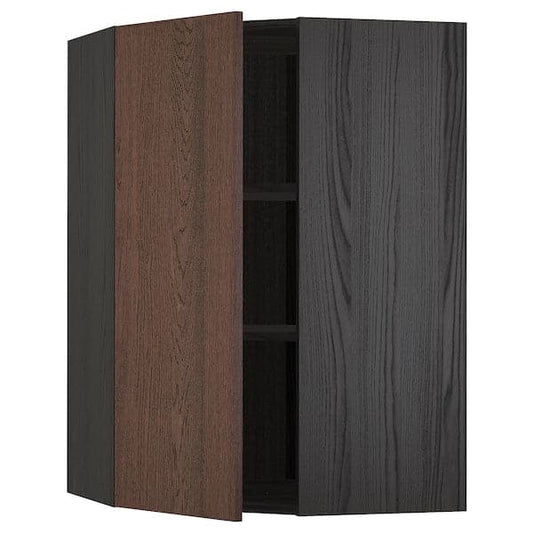 Ikea METOD - Corner wall cabinet with shelves, black/Sinarp brown, 68x100 cm