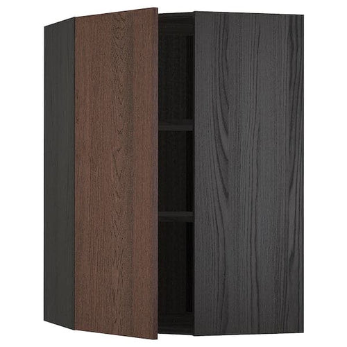 METOD - Corner wall cabinet with shelves, black/Sinarp brown, 68x100 cm