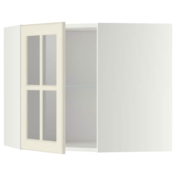 METOD - Corner wall cab w shelves/glass dr, white/Bodbyn off-white, 68x60 cm - best price from Maltashopper.com 49395509