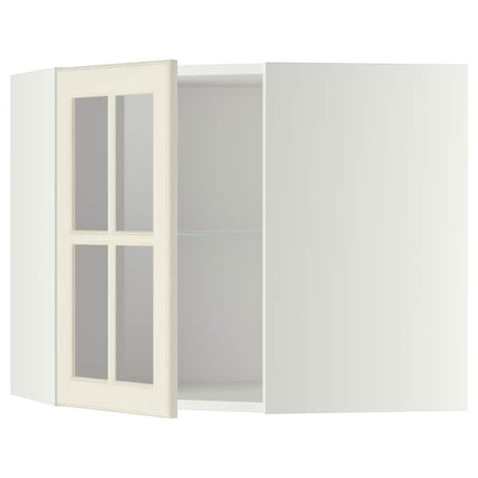 Ikea METOD - Corner wall cab w shelves/glass dr, white/Bodbyn off-white, 68x60 cm
