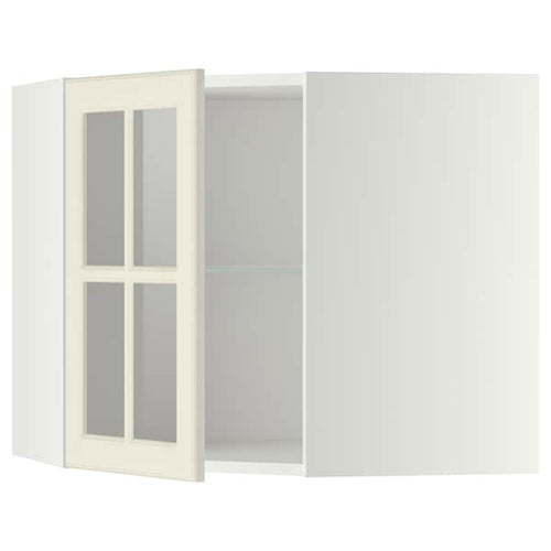 METOD - Corner wall cab w shelves/glass dr, white/Bodbyn off-white, 68x60 cm