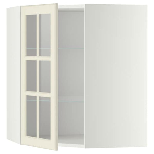 METOD - Corner wall cab w shelves/glass dr, white/Bodbyn off-white , 68x80 cm