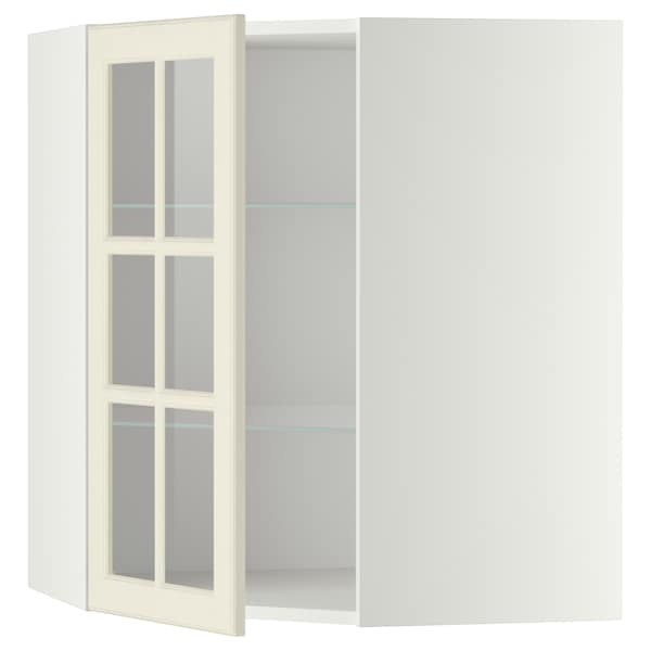 METOD - Corner wall cab w shelves/glass dr, white/Bodbyn off-white , 68x80 cm