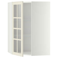 METOD corner wall cab w shelves/glass dr, white/Bodbyn off-white, 68x100 cm