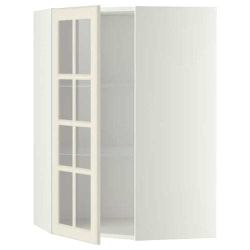 METOD - Corner wall cab w shelves/glass dr, white/Bodbyn off-white, 68x100 cm