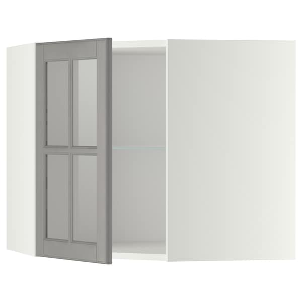 METOD - Corner wall cab w shelves/glass dr, white/Bodbyn grey, 68x60 cm - best price from Maltashopper.com 49394963