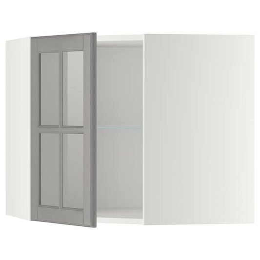 Ikea METOD - Corner wall cab w shelves/glass dr, white/Bodbyn grey, 68x60 cm