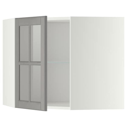 METOD - Corner wall cab w shelves/glass dr, white/Bodbyn grey, 68x60 cm