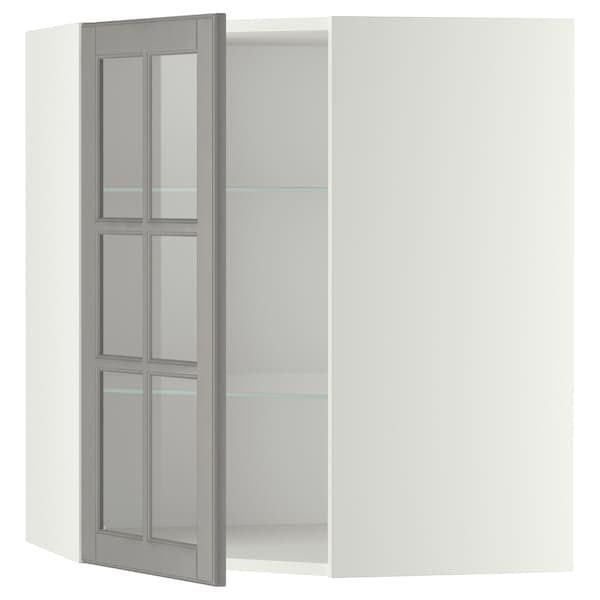 Ikea METOD - Corner wall cab w shelves/glass dr, white/Bodbyn grey, 68x80 cm