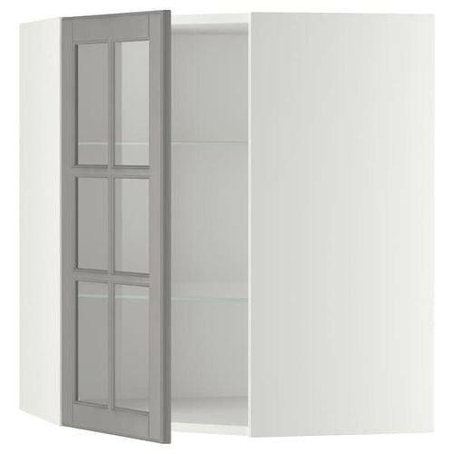 METOD - Corner wall cab w shelves/glass dr, white/Bodbyn grey, 68x80 cm