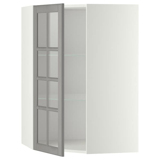 Ikea METOD - Corner wall cab w shelves/glass dr, white/Bodbyn grey, 68x100 cm