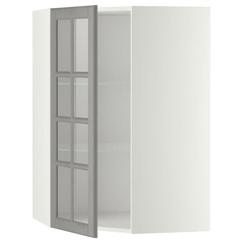 METOD - Corner wall cab w shelves/glass dr, white/Bodbyn grey, 68x100 cm