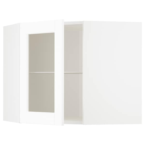 METOD - Corner wall cab w shelves/glass dr, white Enköping/white wood effect, 68x60 cm - best price from Maltashopper.com 29473602