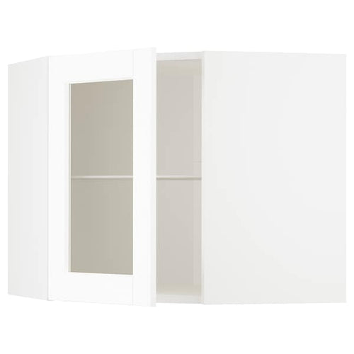 METOD - Corner wall cab w shelves/glass dr, white Enköping/white wood effect, 68x60 cm