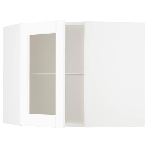 METOD - Corner wall cab w shelves/glass dr, white Enköping/white wood effect, 68x60 cm