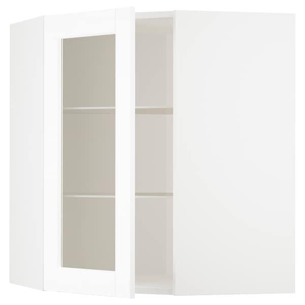 Ikea METOD - Corner wall cab w shelves/glass dr, white Enköping/white wood effect, 68x80 cm