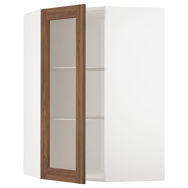 Ikea METOD - Corner wall cab w shelves/glass dr, white Enköping/brown walnut effect, 68x100 cm