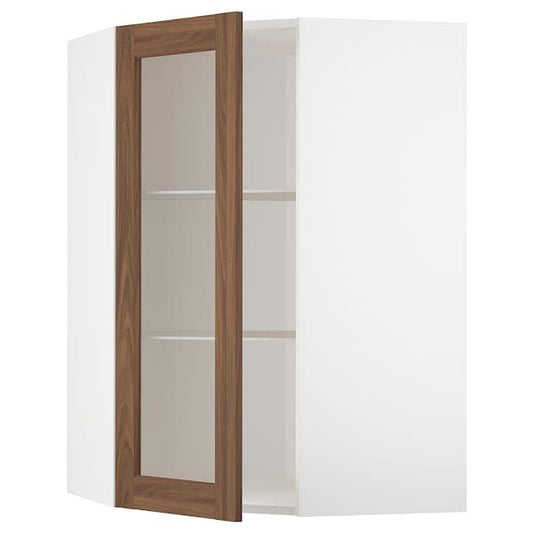 Ikea METOD - Corner wall cab w shelves/glass dr, white Enköping/brown walnut effect, 68x100 cm