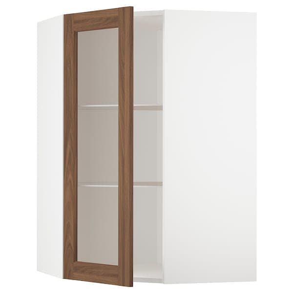 METOD - Corner wall cab w shelves/glass dr, white Enköping/brown walnut effect, 68x100 cm