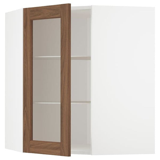Ikea METOD - Corner wall cab w shelves/glass dr, white Enköping/brown walnut effect, 68x80 cm