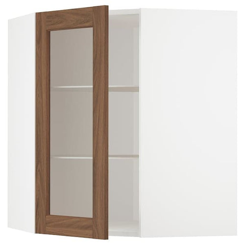 METOD - Corner wall cab w shelves/glass dr, white Enköping/brown walnut effect, 68x80 cm