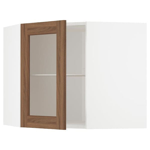 METOD - Corner wall cab w shelves/glass dr, white Enköping/brown walnut effect, 68x60 cm