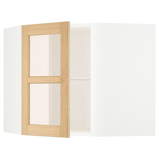 Ikea METOD - Corner wall cab w shelves/glass dr, white/Forsbacka oak, 68x60 cm