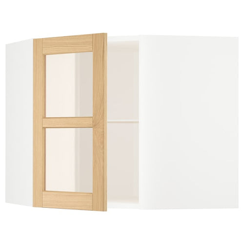 METOD - Corner wall cab w shelves/glass dr, white/Forsbacka oak, 68x60 cm
