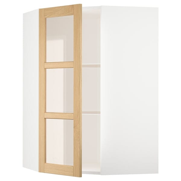 Ikea METOD - Corner wall cab w shelves/glass dr, white/Forsbacka oak, 68x100 cm