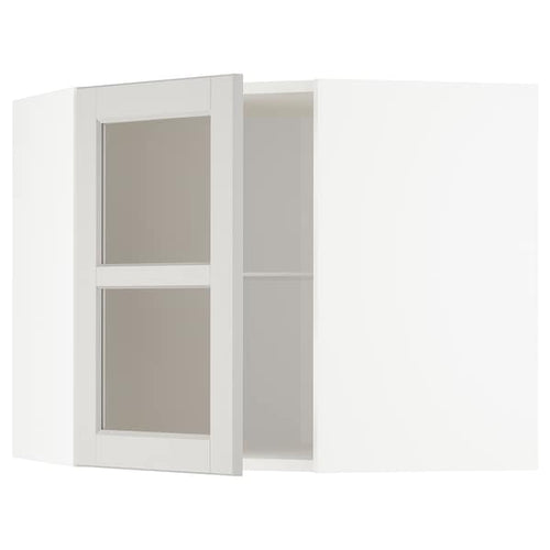 METOD - Corner wall cab w shelves/glass dr, white/Lerhyttan light grey, 68x60 cm
