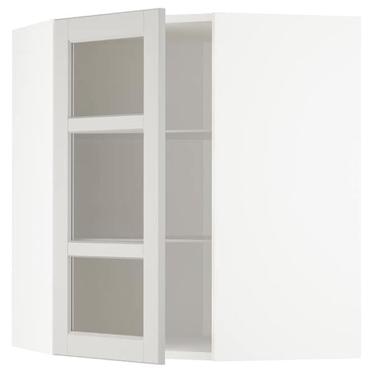 Ikea METOD - Corner wall cab w shelves/glass dr, white/Lerhyttan light grey, 68x80 cm