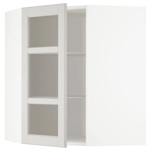 METOD corner wall cab w shelves/glass dr, white/Lerhyttan light grey, 68x80 cm