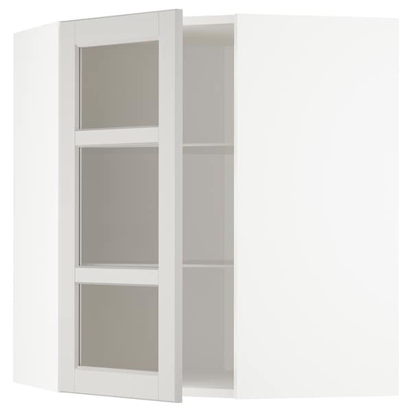 METOD - Corner wall cab w shelves/glass dr, white/Lerhyttan light grey, 68x80 cm