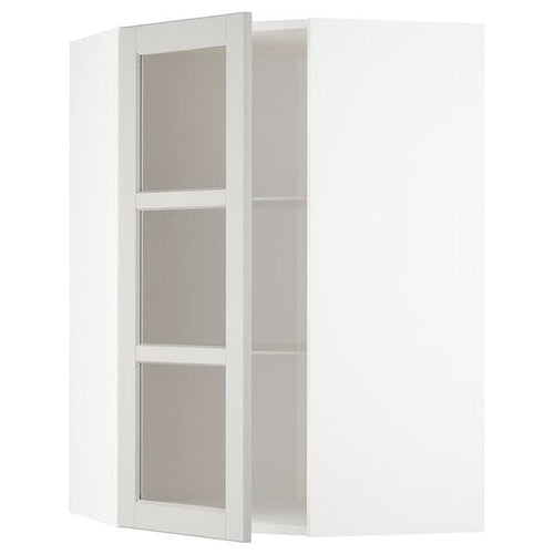 METOD - Corner wall cab w shelves/glass dr, white/Lerhyttan light grey, 68x100 cm