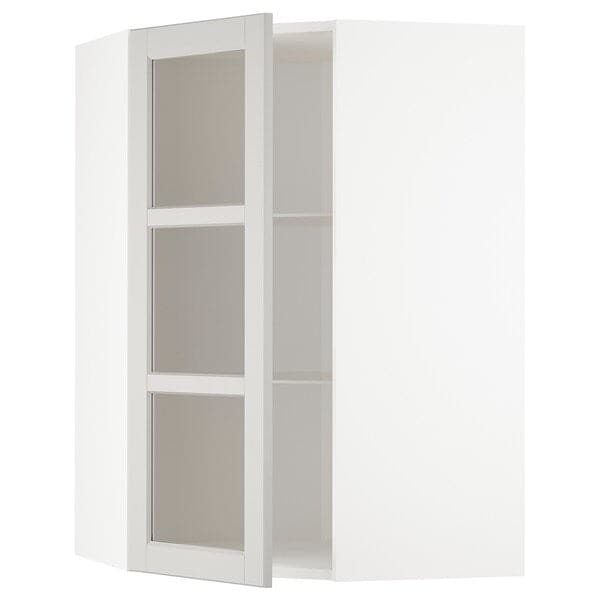 METOD - Corner wall cab w shelves/glass dr, white/Lerhyttan light grey, 68x100 cm