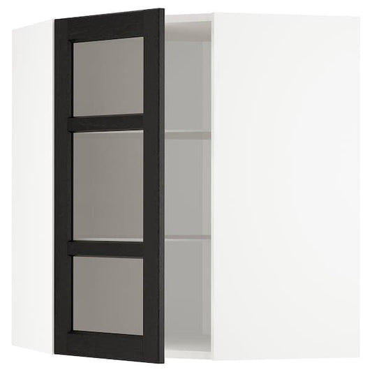 Ikea METOD - Corner wall cab w shelves/glass dr, white/Lerhyttan black stained , 68x80 cm