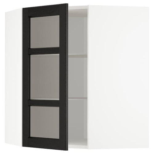 METOD - Corner wall cab w shelves/glass dr, white/Lerhyttan black stained , 68x80 cm