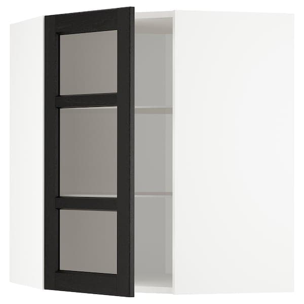 METOD - Corner wall cab w shelves/glass dr, white/Lerhyttan black stained , 68x80 cm