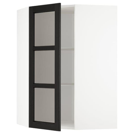 Ikea METOD - Corner wall cab w shelves/glass dr, white/Lerhyttan black stained, 68x100 cm
