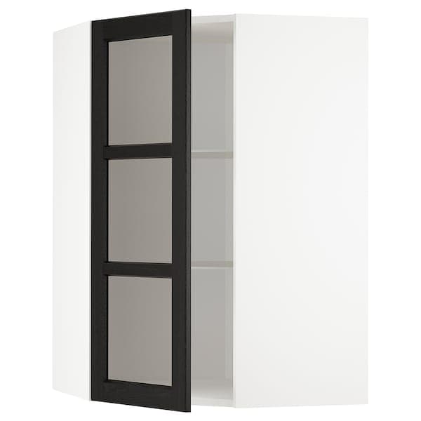 Ikea METOD - Corner wall cab w shelves/glass dr, white/Lerhyttan black stained, 68x100 cm