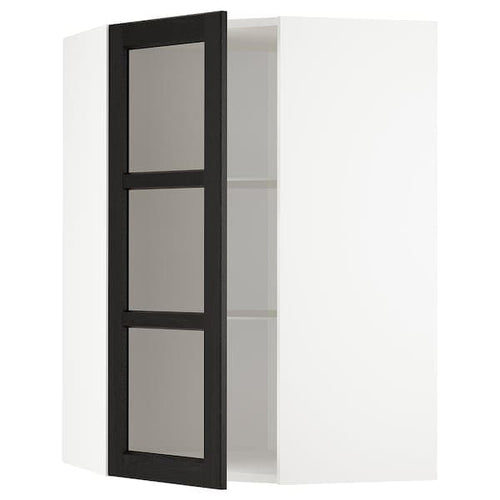 METOD - Corner wall cab w shelves/glass dr, white/Lerhyttan black stained, 68x100 cm