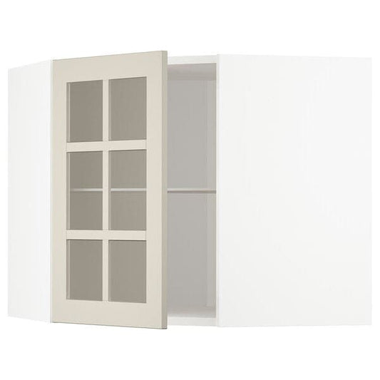 Ikea METOD - Corner wall cab w shelves/glass dr, white/Stensund beige , 68x60 cm